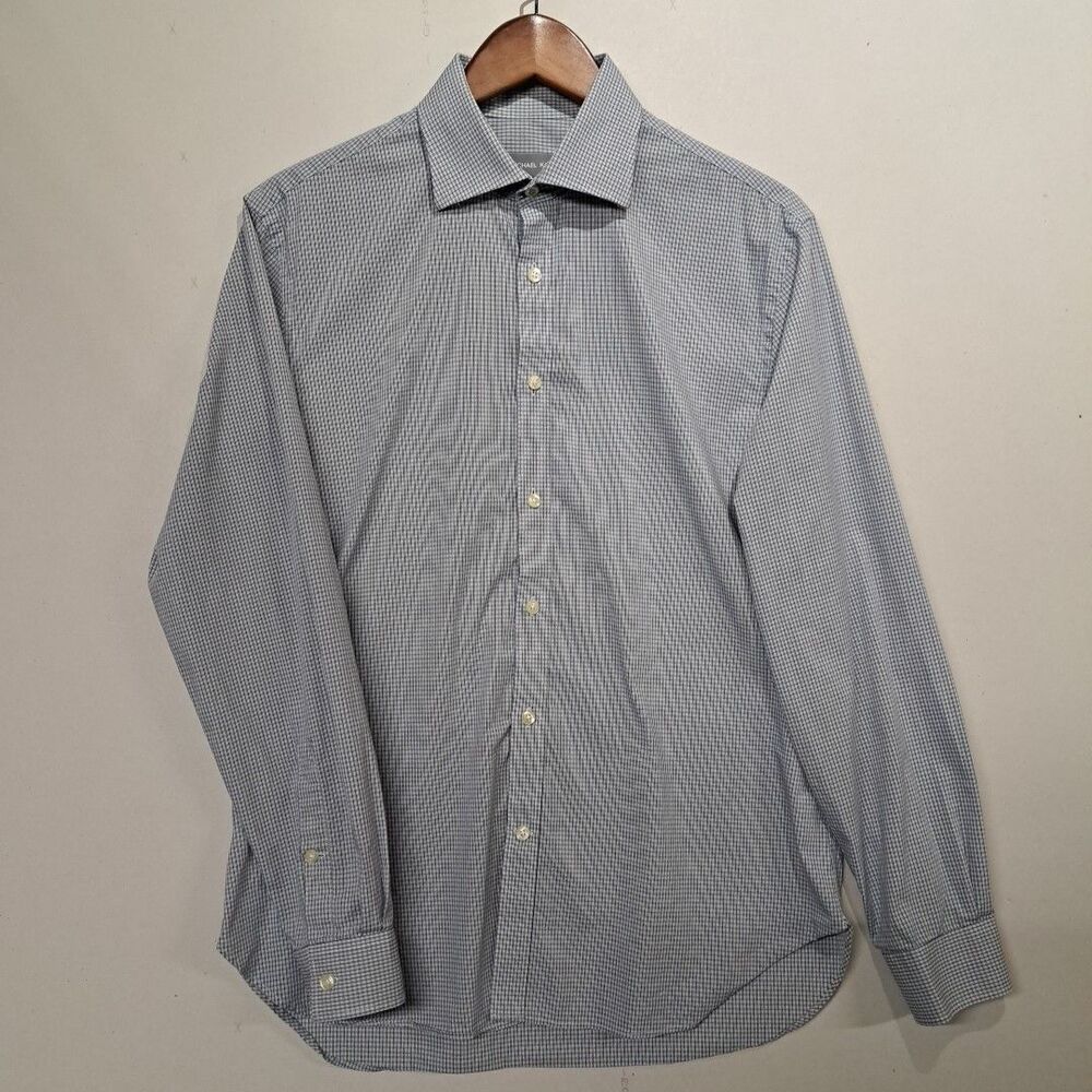 Michael Kors Dress Shirt Mens Large 16 34/35 Slim Fit Blue Checked